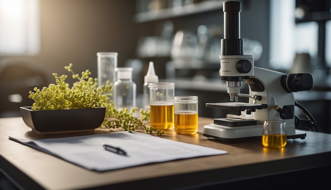 A lab table with boswellia specimens, scientific equipment, and research notes