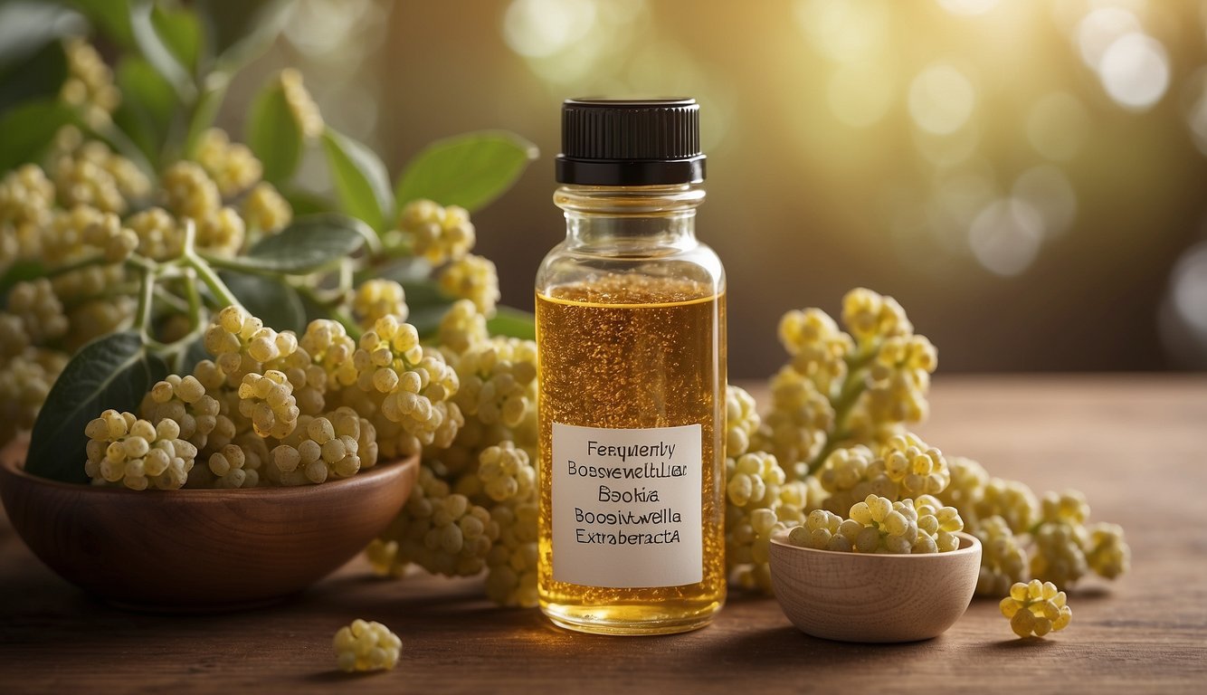 A bottle of boswellia extract surrounded by various questions and answers, with the words "Frequently Asked Questions: What to know about boswellia" displayed prominently