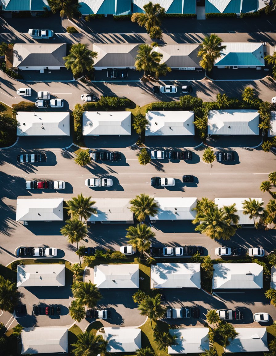 Aerial view of Madeira Beach parking lot with rows of cars, palm trees, and the ocean in the background