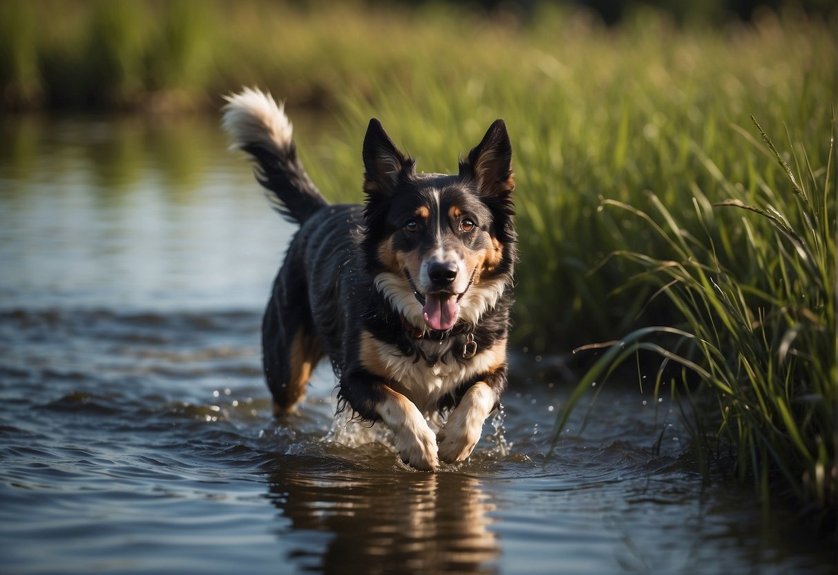 A dog with webbed feet and waterproof fur, navigating through a marshy wetland with ease