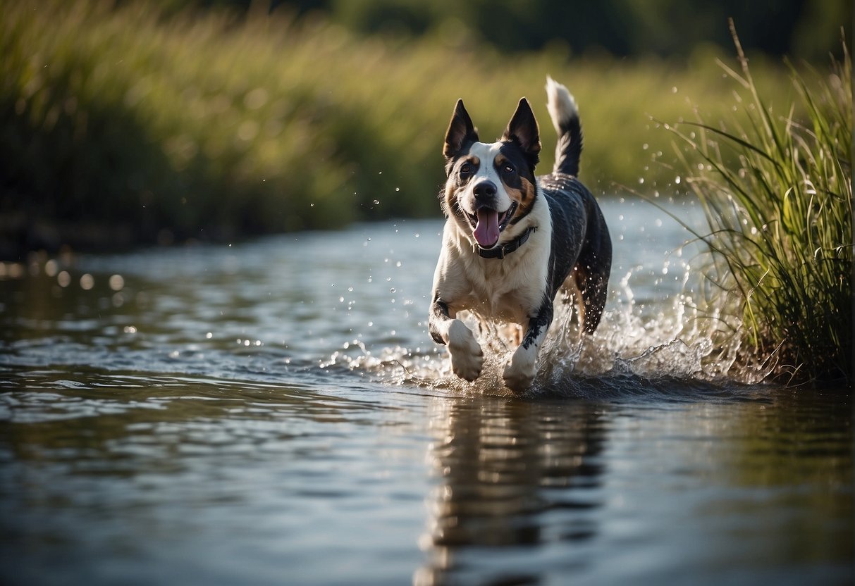 A dog with long legs and webbed feet runs through a marshy area, demonstrating its structural adaptation for swimming and navigating wet environments