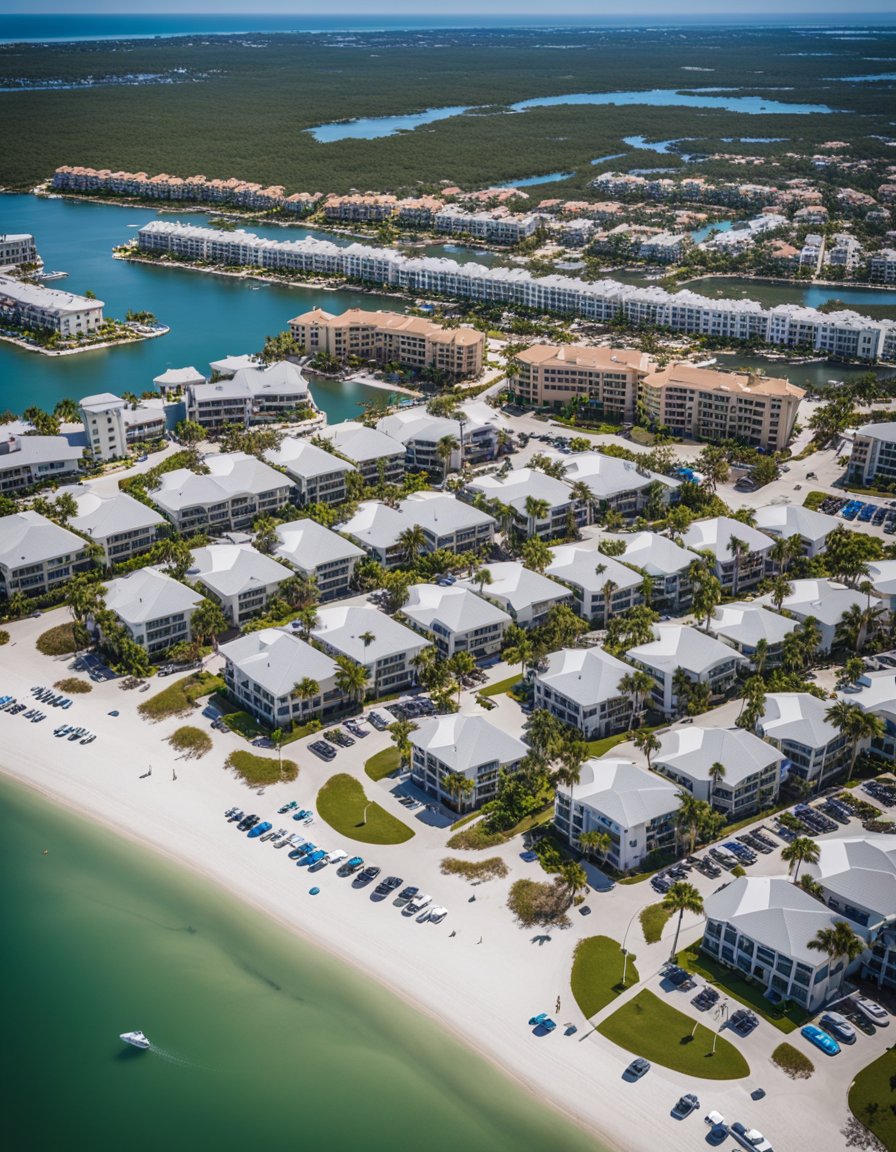 Aerial view of Marco Island beaches with rows of parked cars in designated parking areas