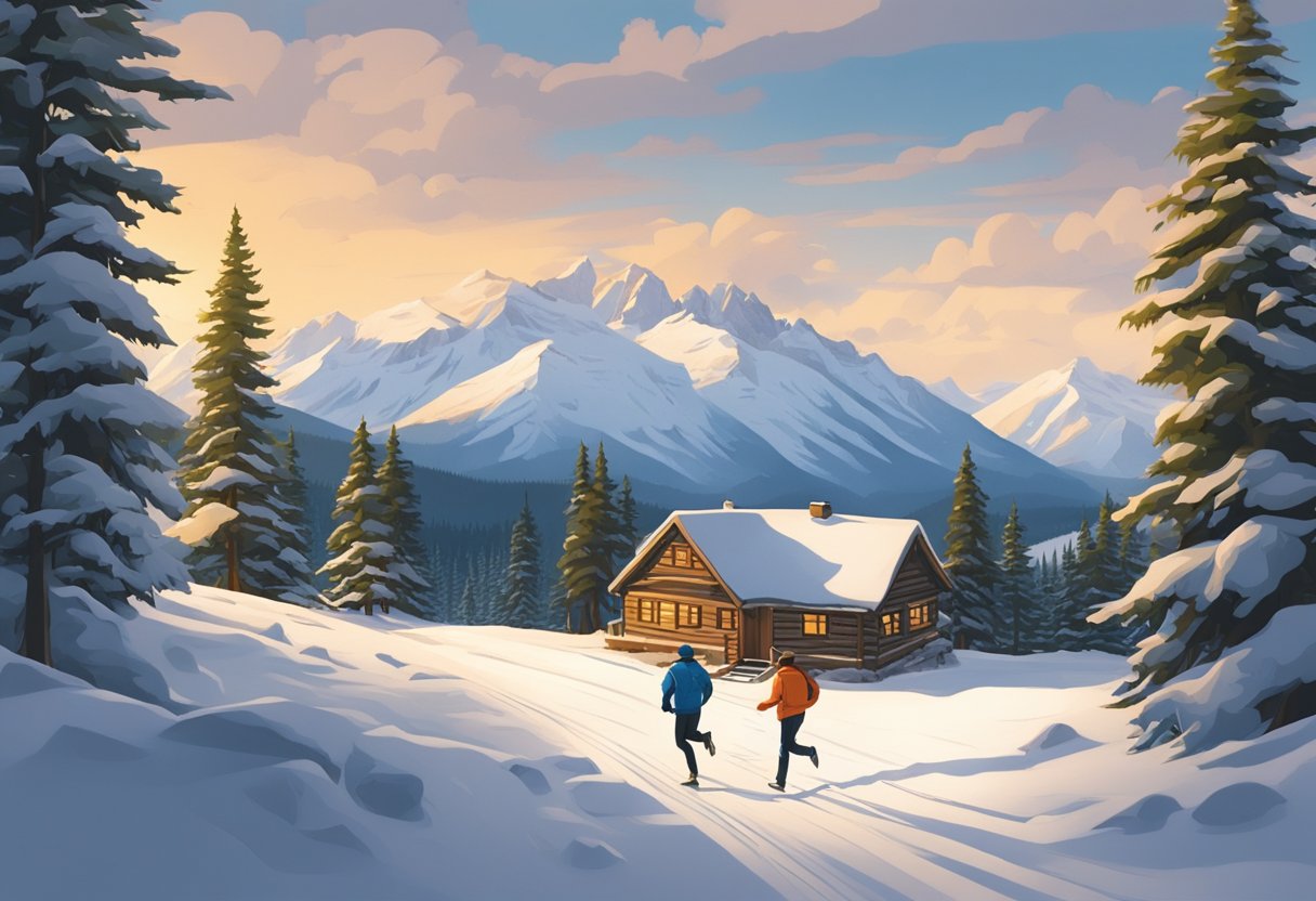 A couple runs through a snowy forest toward a secluded cabin in Banff, Canada, with a view of the Rocky Mountains in the background