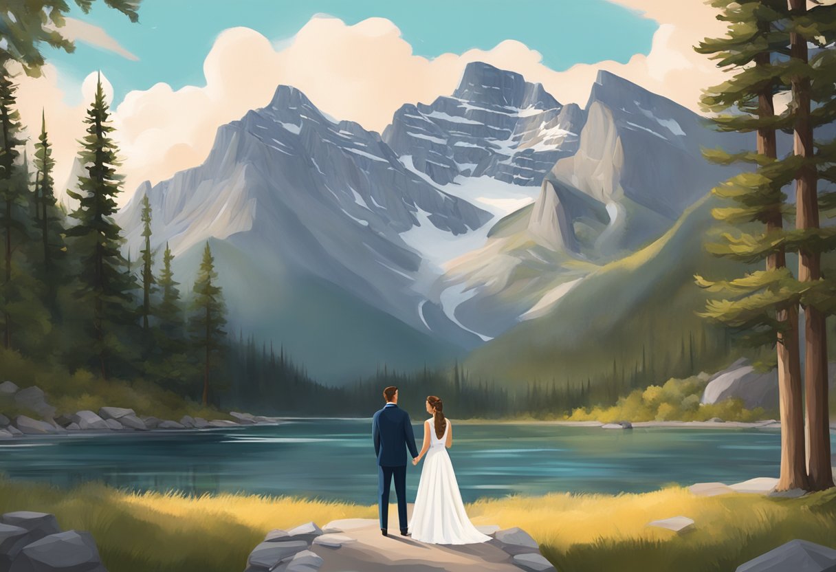A couple exchanging vows in a secluded spot in Banff, surrounded by majestic mountains and pristine nature