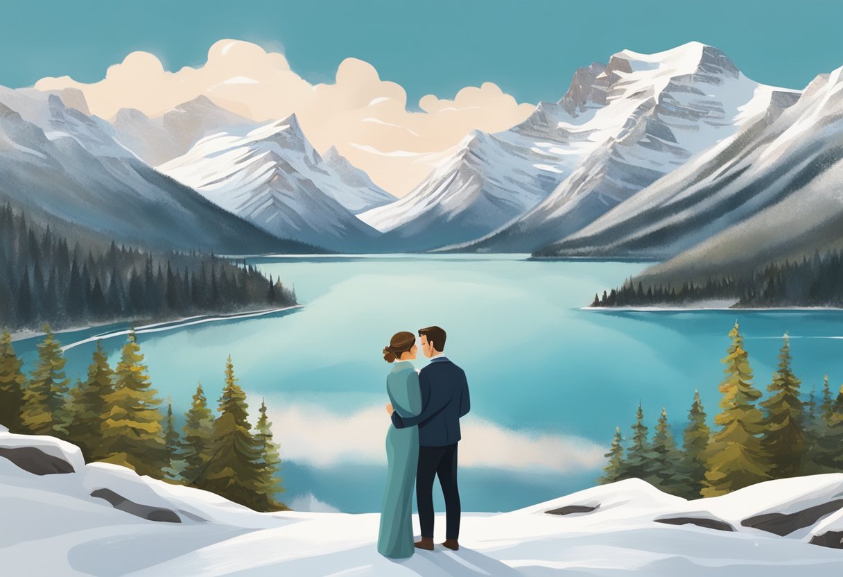 A couple embraces surrounded by snow-capped mountains and a serene lake in Banff, Canada, as they choose the perfect season for their elopement