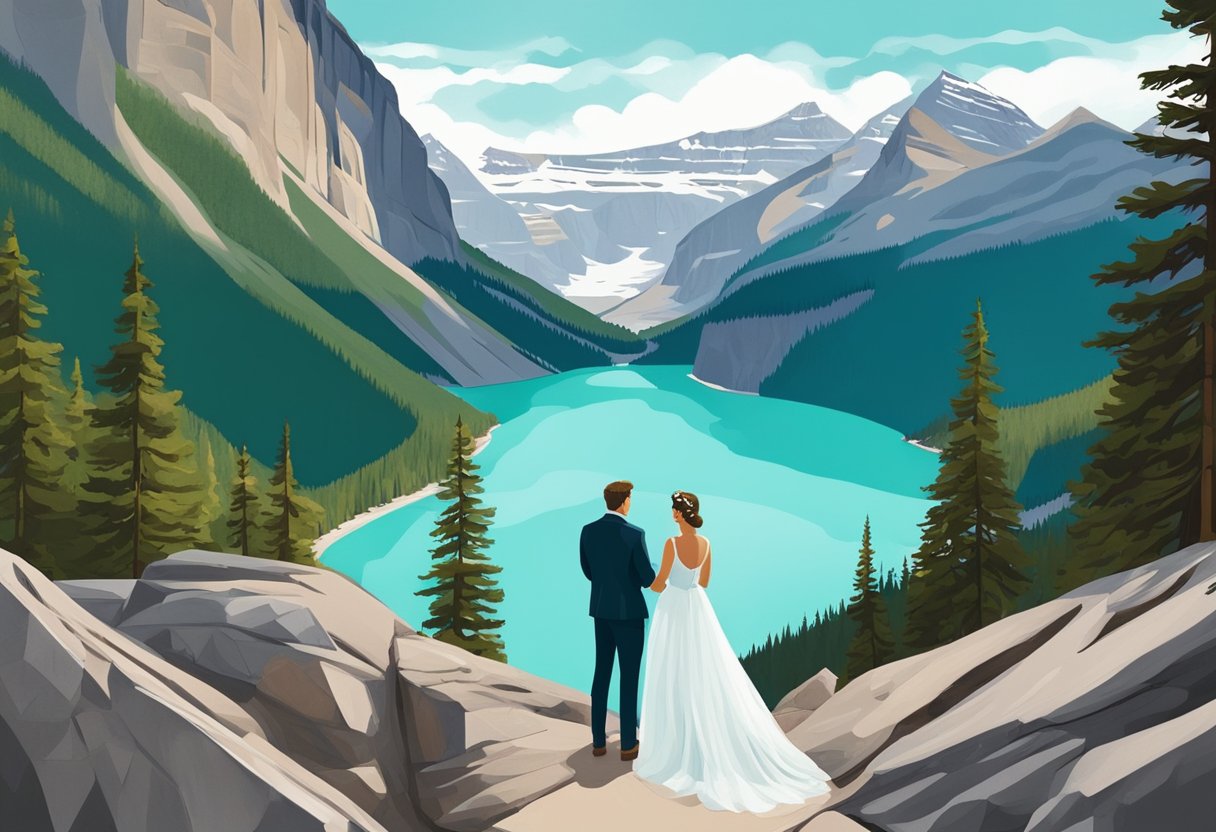 A couple stands on a cliff overlooking the turquoise waters of Lake Louise in Banff, Canada. The snow-capped mountains provide a stunning backdrop for their elopement