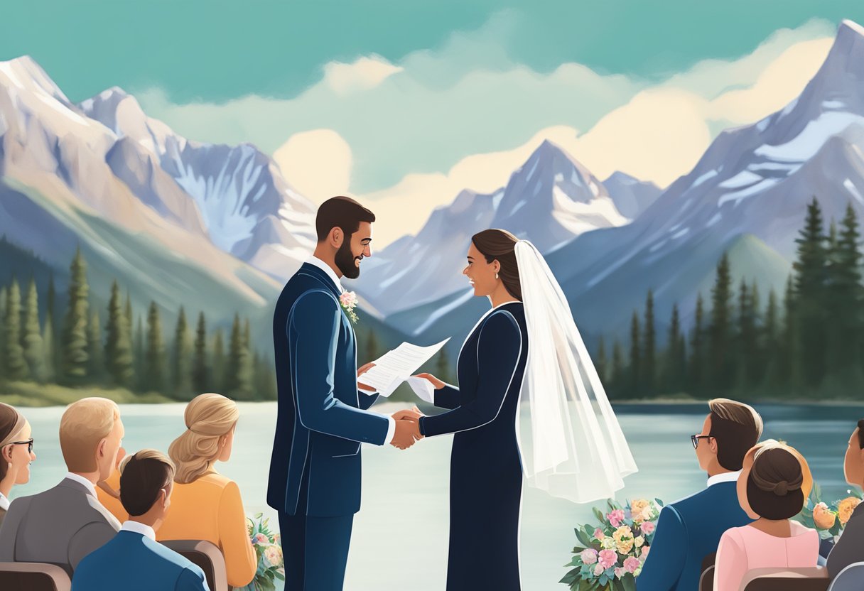 A couple exchanging vows in front of a stunning mountain backdrop in Banff, Canada, with legal documents in hand
