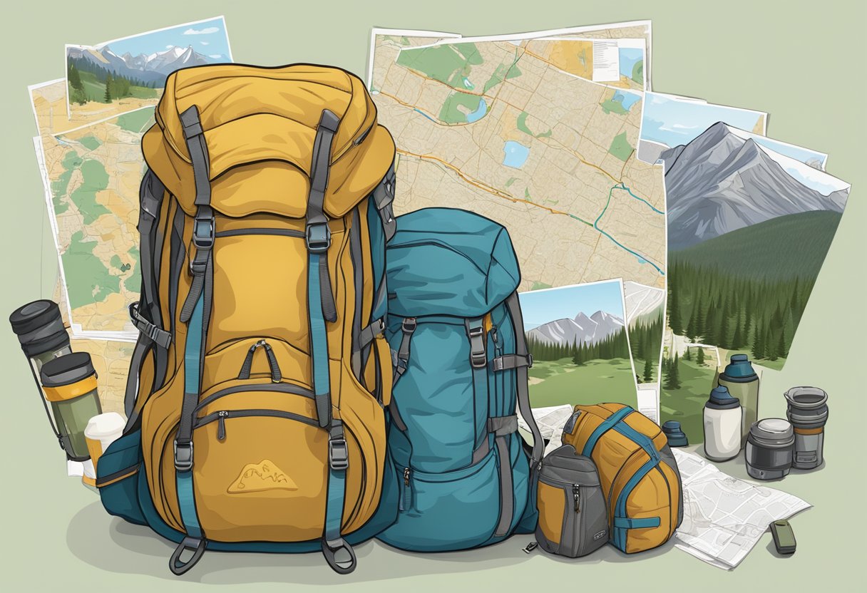 A couple packs hiking gear in Banff, Canada, with US map