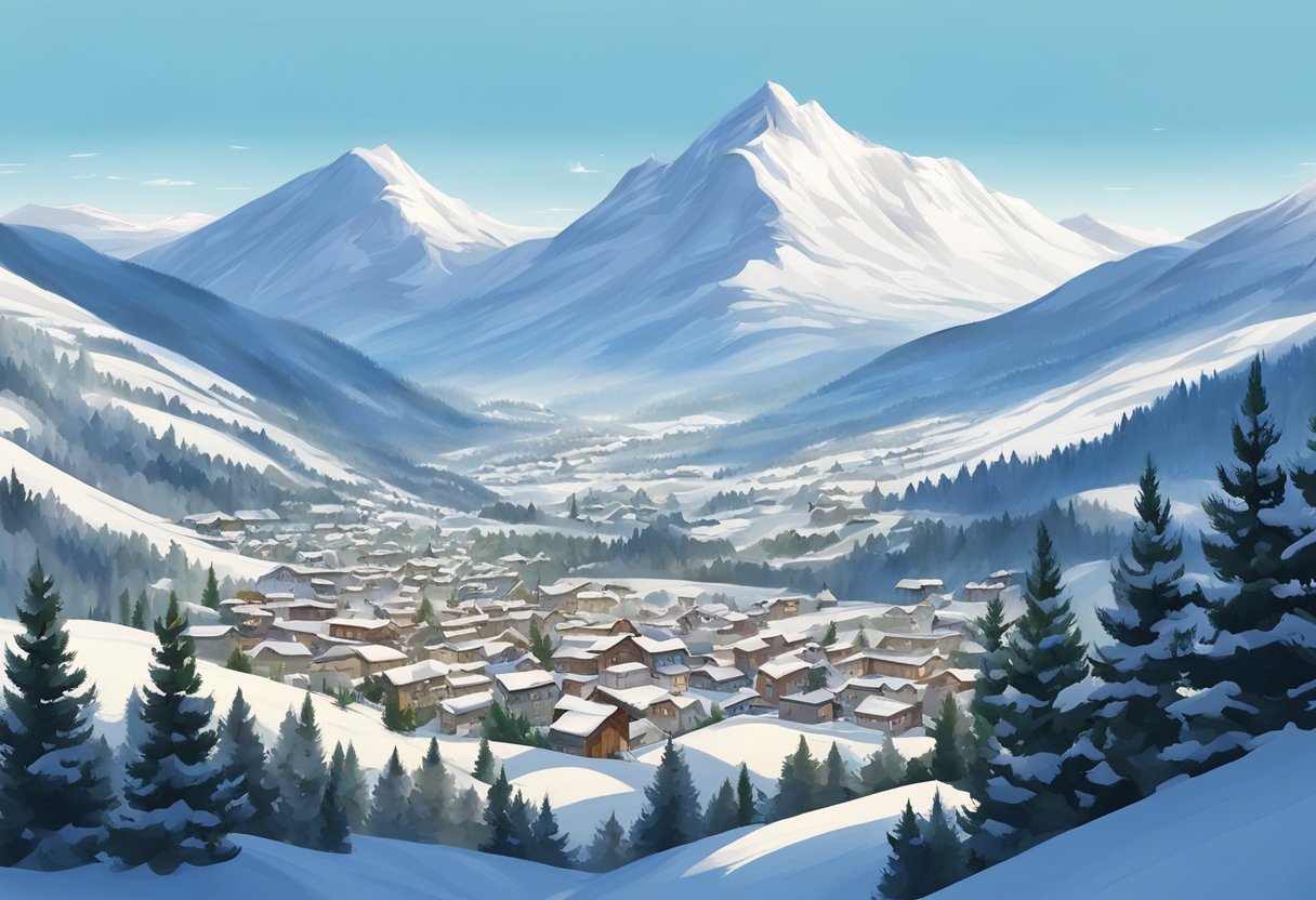 A snowy mountain landscape with a small town nestled in the valley, surrounded by pine trees and a clear blue sky