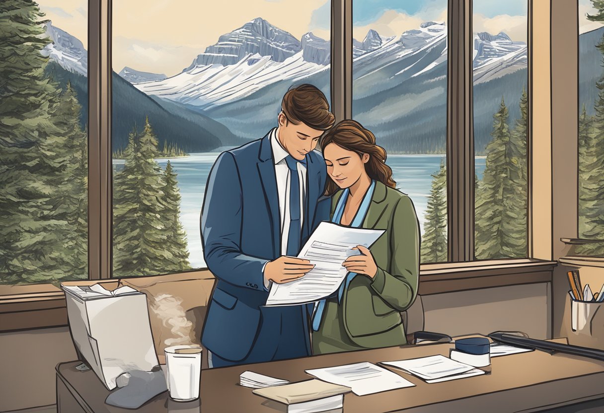 A couple fills out marriage paperwork in Banff, Canada, with US documents in hand