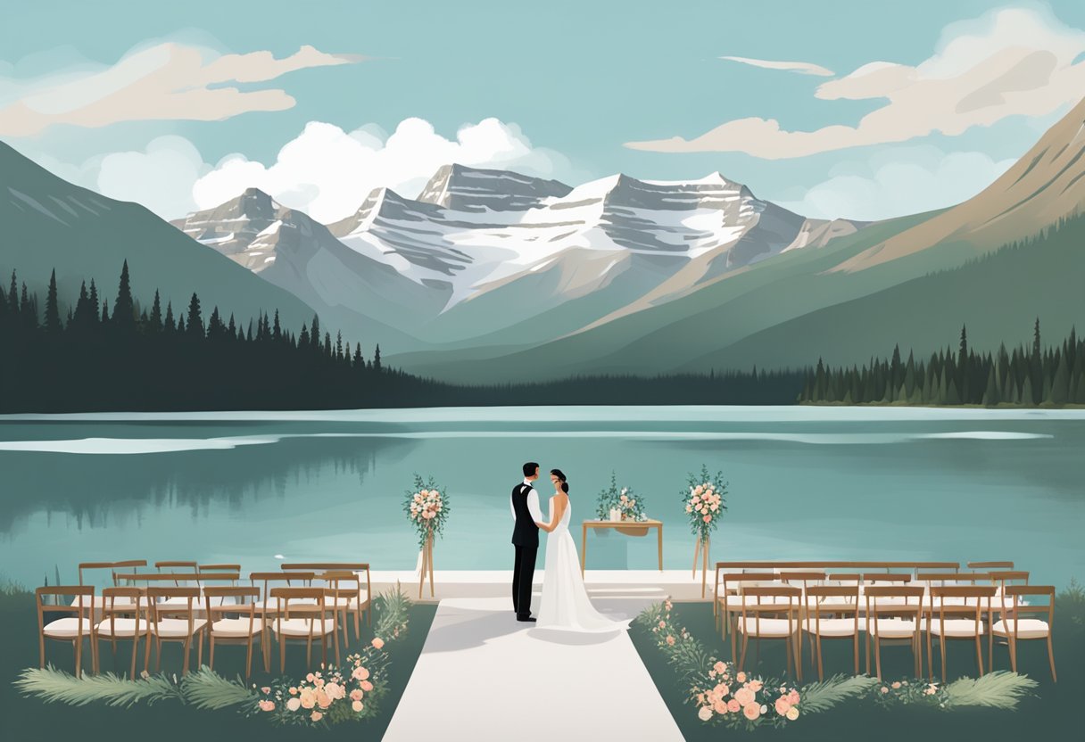 A scenic mountain backdrop with a serene lake and a small elopement ceremony set up in Banff, Canada, with a subtle nod to the couple's American roots