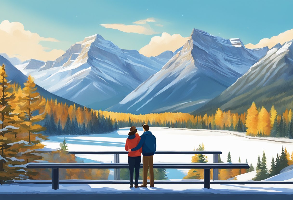 A couple embracing at a scenic overlook in Banff, Canada with a backdrop of snow-capped mountains and a clear blue sky