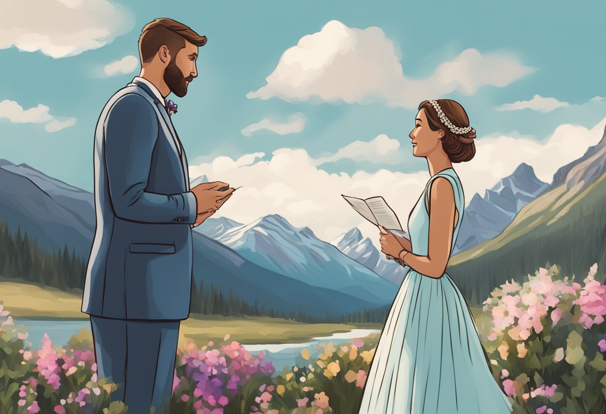 A couple stands in front of majestic mountains, exchanging vows in Banff, Canada. A sign nearby reads "Frequently Asked Questions for US elopers."