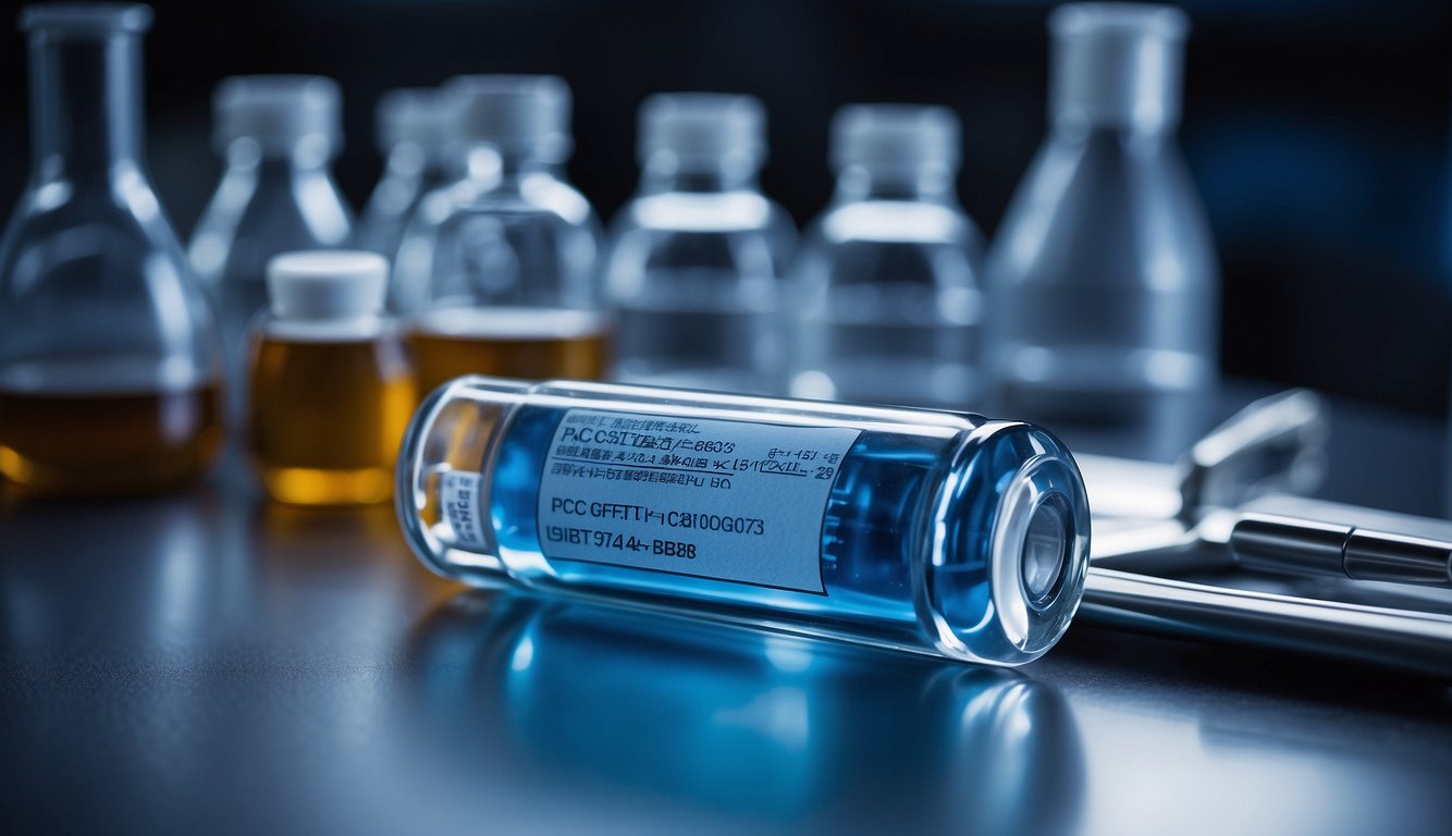 A vial of BPC-157 peptide sits on a laboratory bench, surrounded by scientific equipment and tools. The label on the vial is clearly visible, and the liquid inside is a vibrant blue color