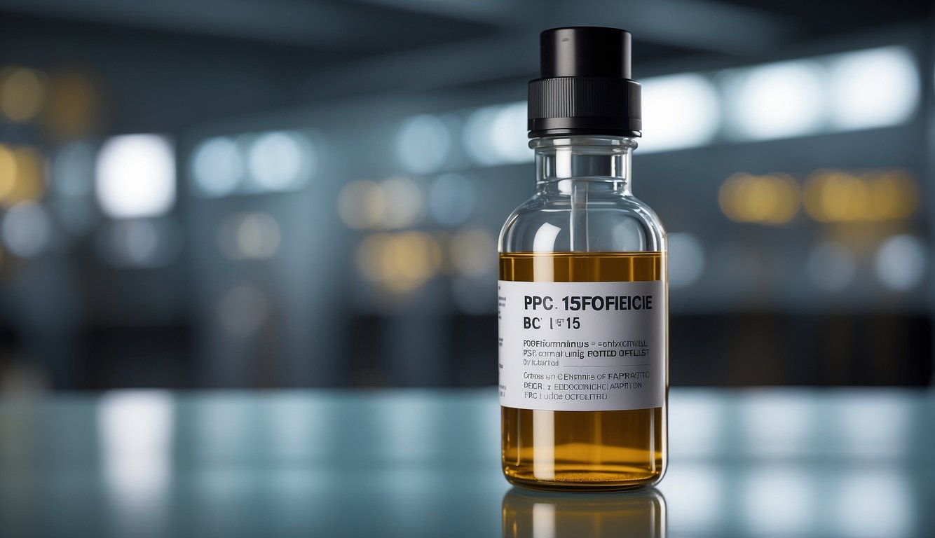 A vial of BPC-157 peptide with safety profile info. Caution sign and list of potential side effects