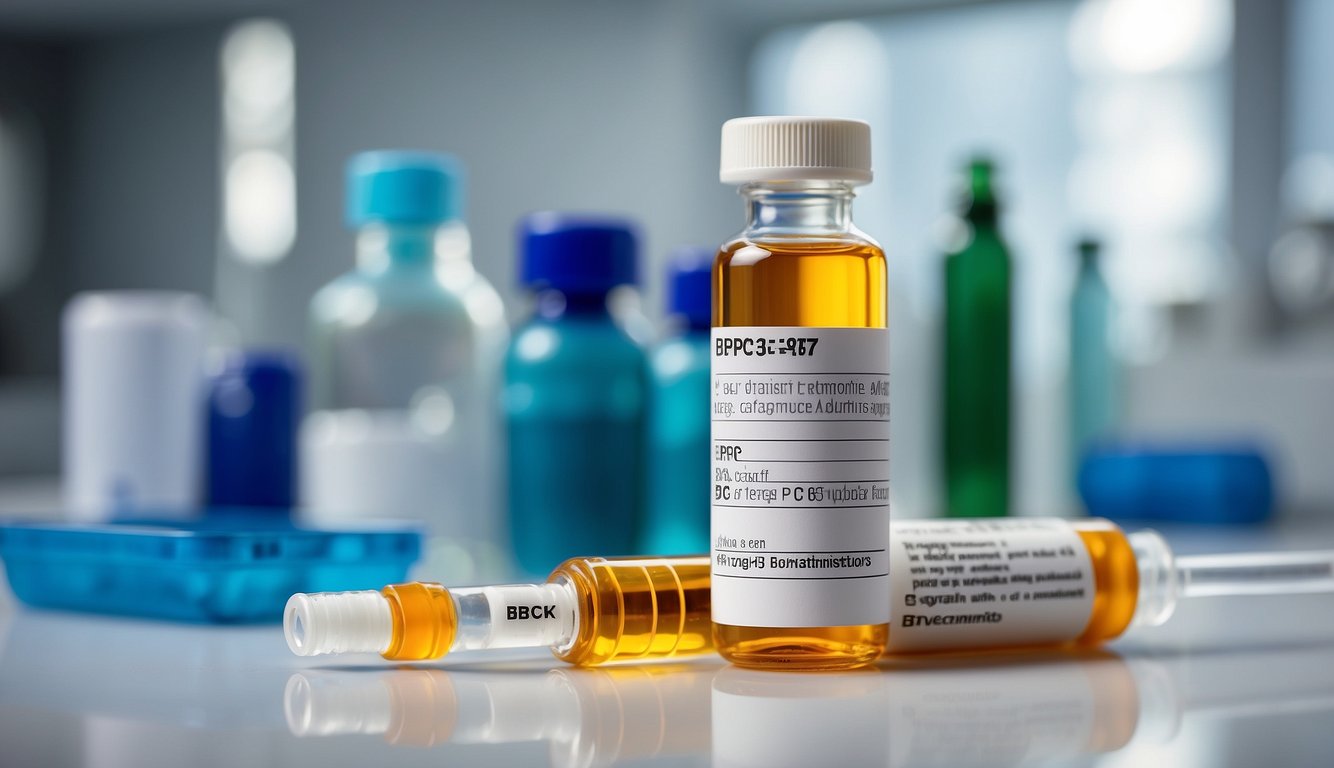 A vial of BPC-157 peptide sits on a clean, white lab bench, with a syringe nearby for administration. Dosage instructions are printed on the label