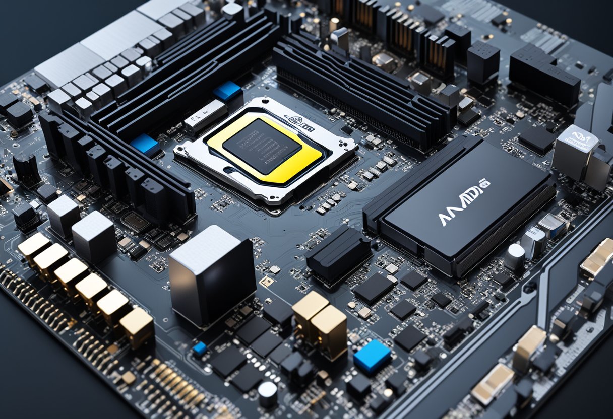 A computer motherboard with PCIe 4.0 slots, labeled with Intel and AMD CPU logos, surrounded by data transfer symbols