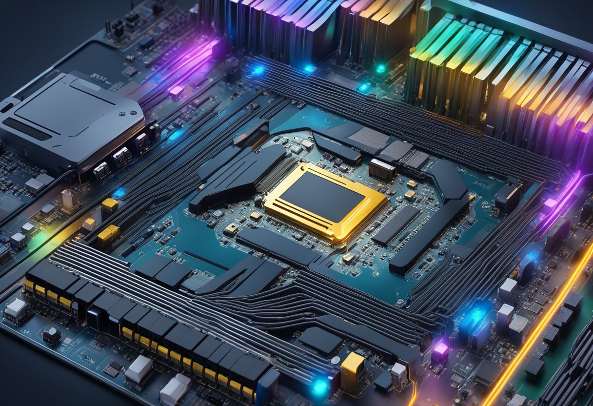 A motherboard with PCIe 5.0 slots, connected to compatible Intel and AMD CPUs. Data transfer at high speeds, symbolized by arrows between components