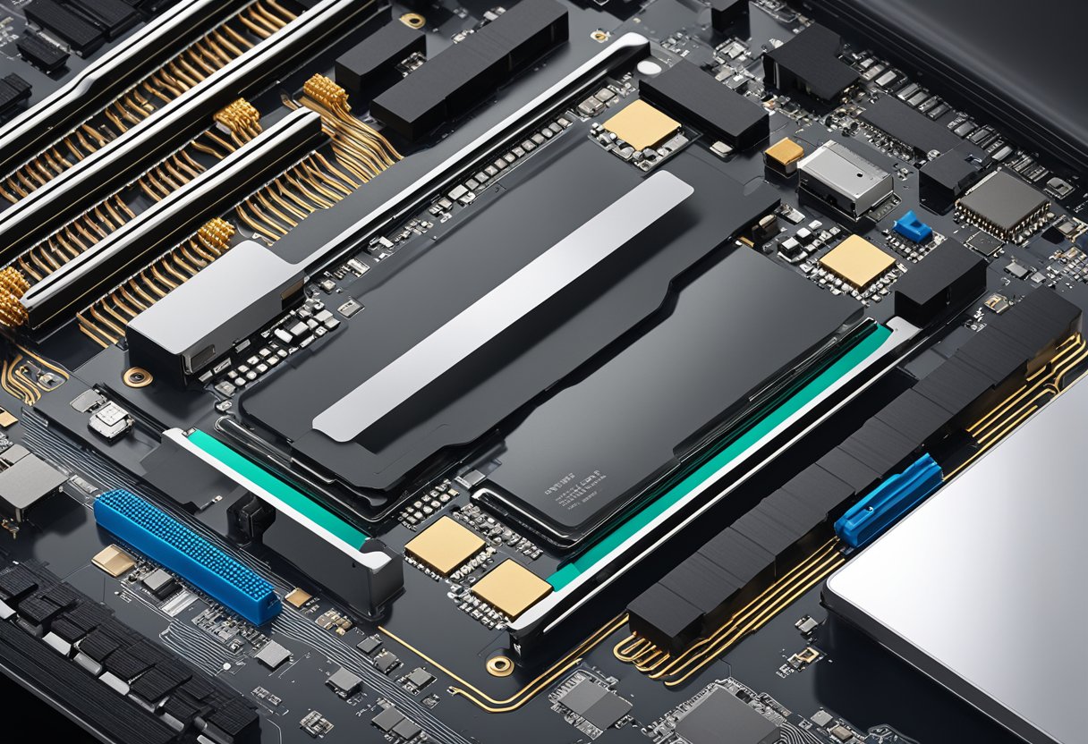 An M.2 slot on a motherboard with a compatible M.2 SSD inserted, surrounded by other components