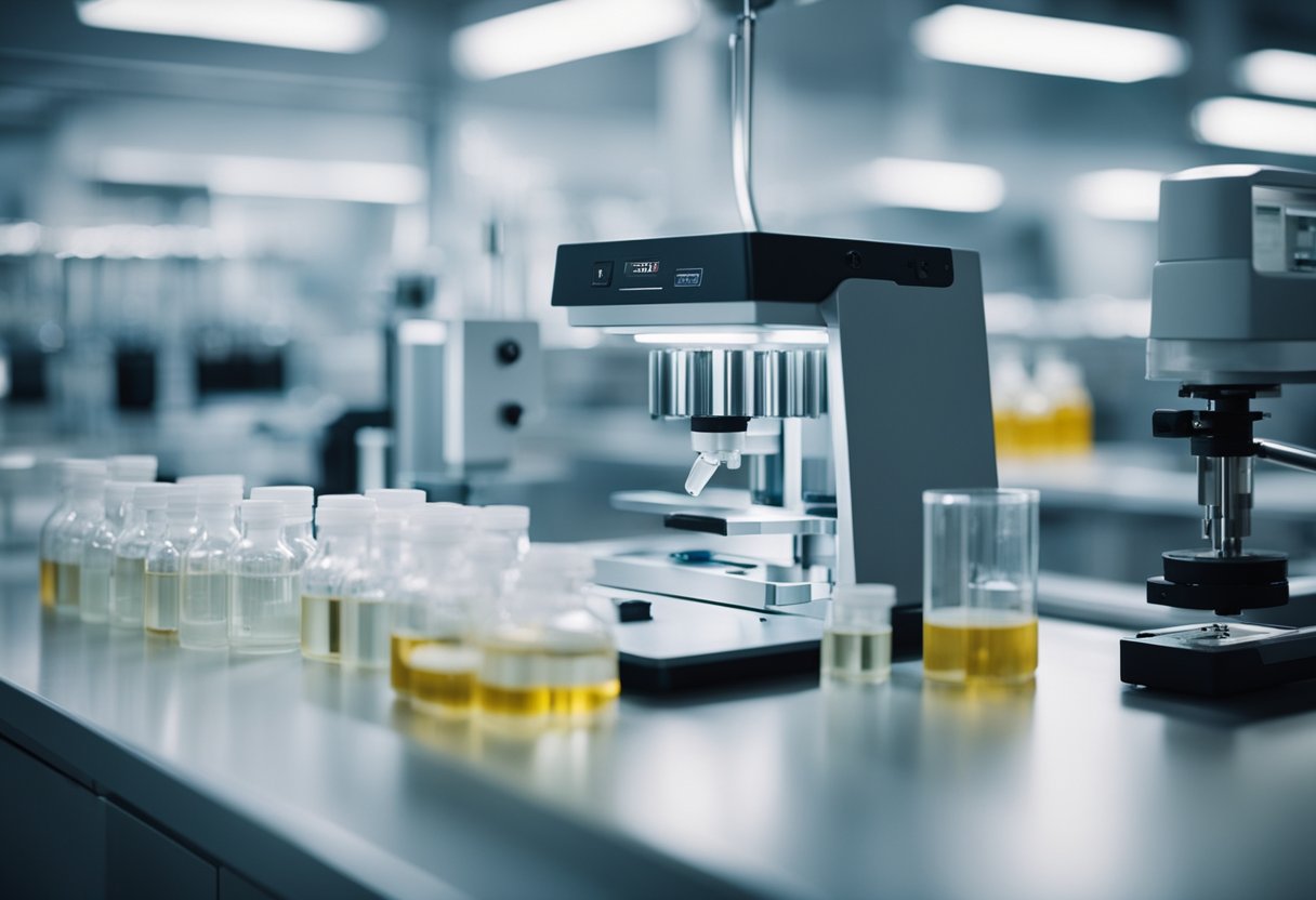 A laboratory setting with equipment and quality control measures in place to ensure the maximum potency of Sildenafil, emphasizing the production process and quality standards