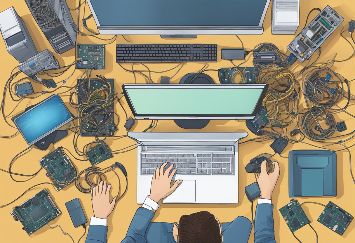 A cluttered desk with a computer tower open, showing the inside components. Various PSU cables are spread out, with a person's hand reaching for them