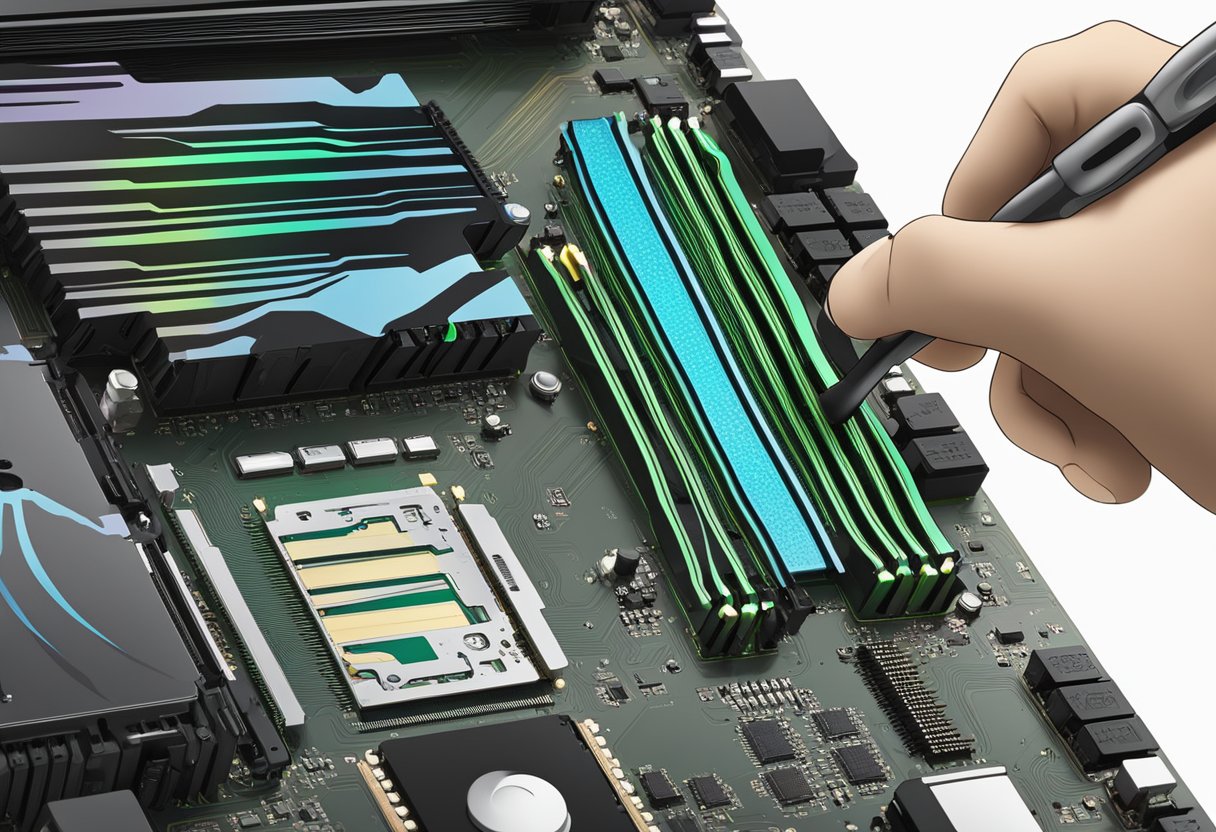 The RAM is being inserted into the motherboard's slots, ensuring compatibility and using the correct channels