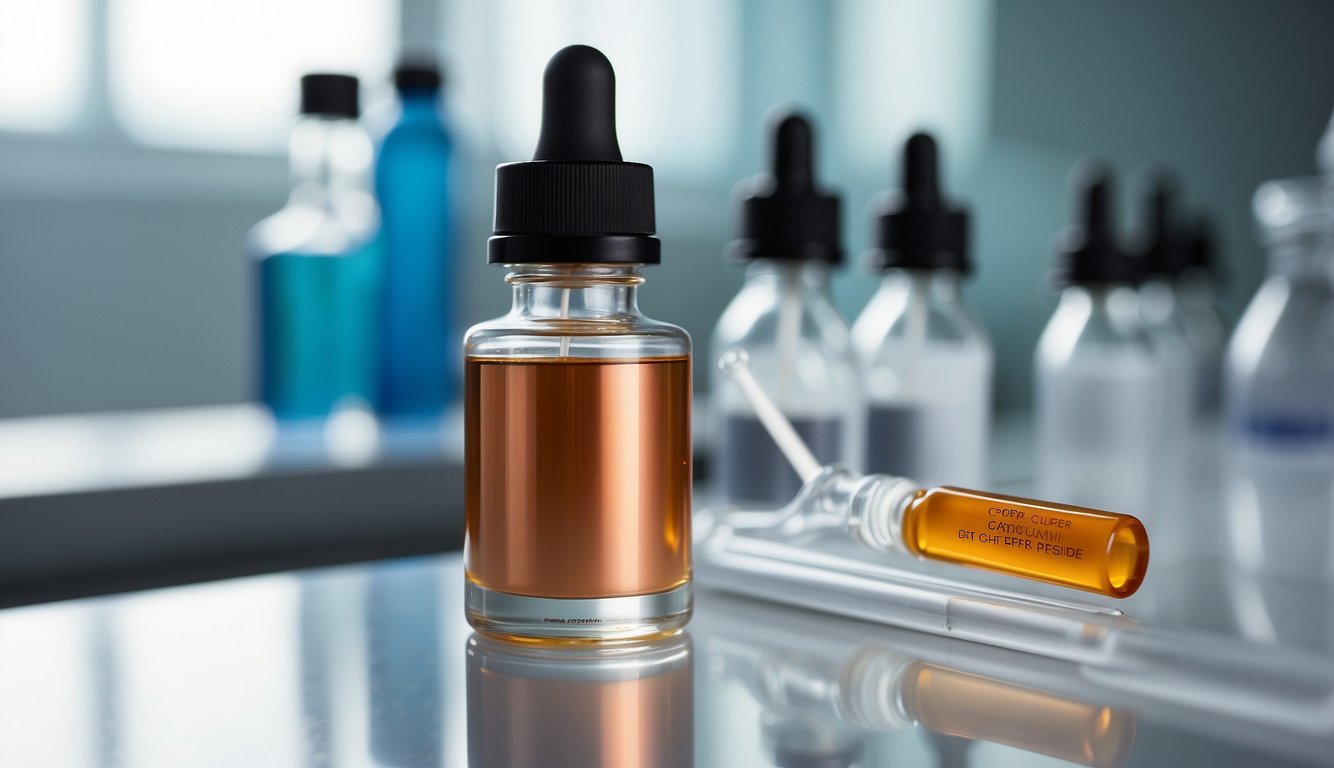 A clear vial of Copper Peptide GHK-Cu, with a label and dropper, sits on a clean, white laboratory bench