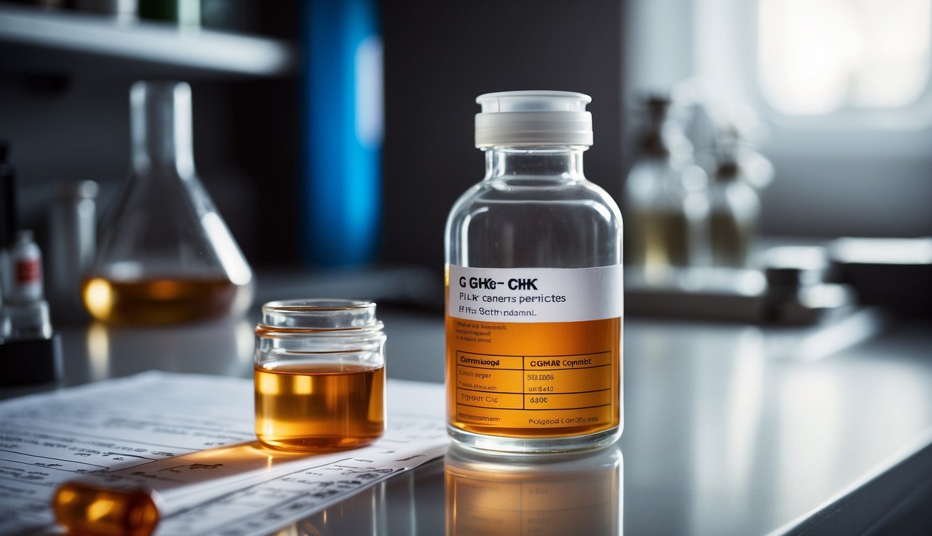 A vial of GHK-Cu copper peptide sits on a lab bench, surrounded by scientific equipment and charts detailing its chemical composition and properties