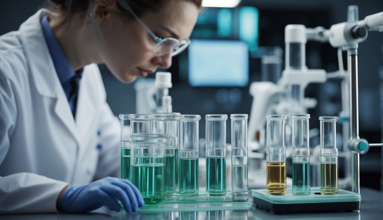 A laboratory setting with beakers, test tubes, and scientific equipment. A vial of Copper Peptide GHK-Cu is being carefully measured and analyzed by a researcher