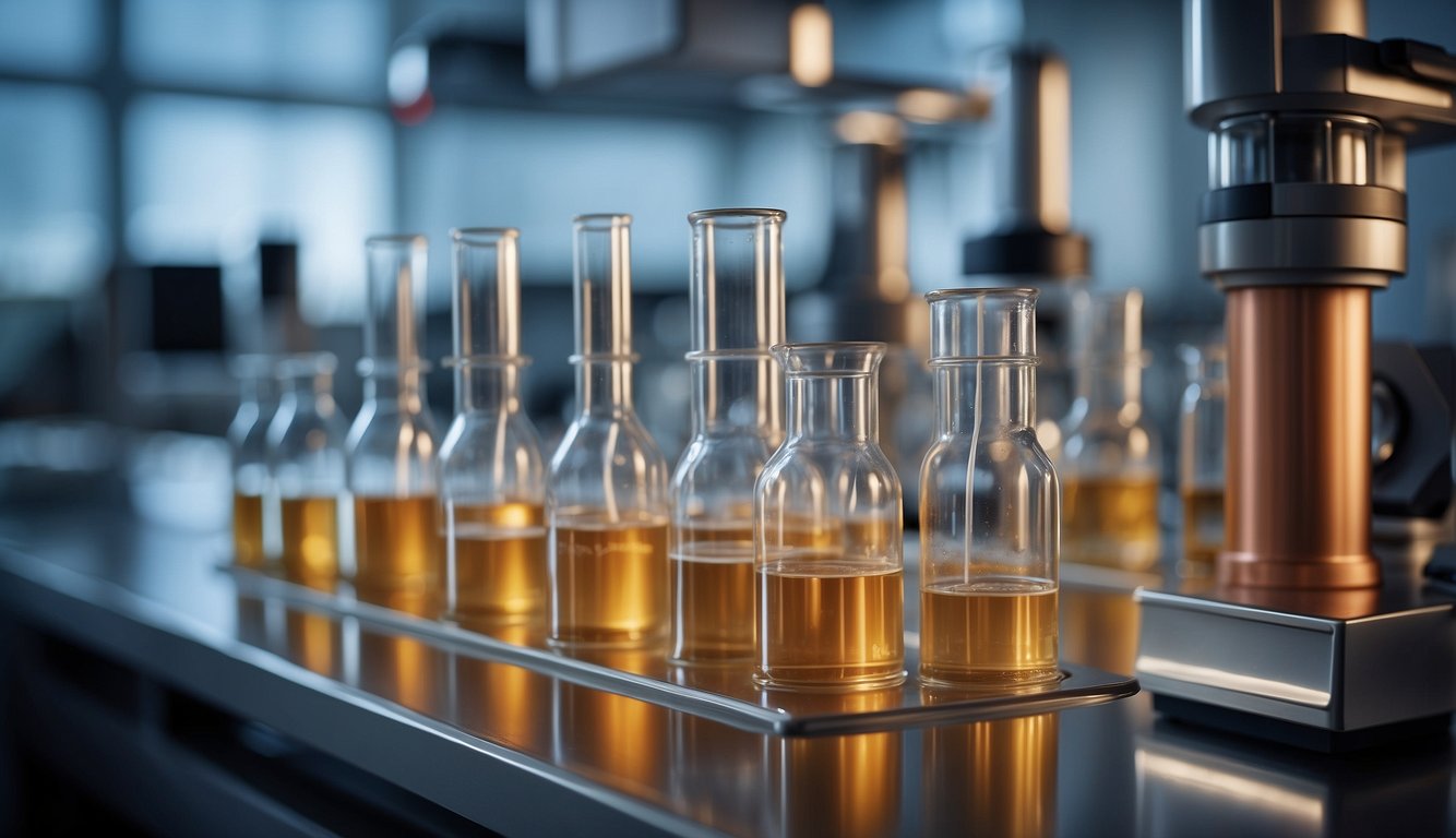 A laboratory setting with test tubes and scientific equipment, with a focus on a copper peptide GHK-Cu solution being prepared for medical applications