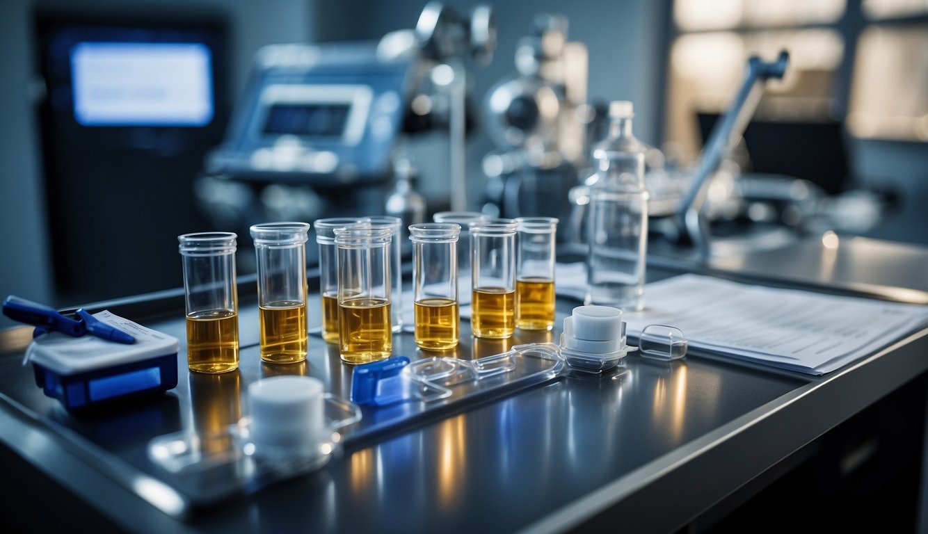 A laboratory setting with GHK-Cu vials, safety goggles, and regulatory documents displayed