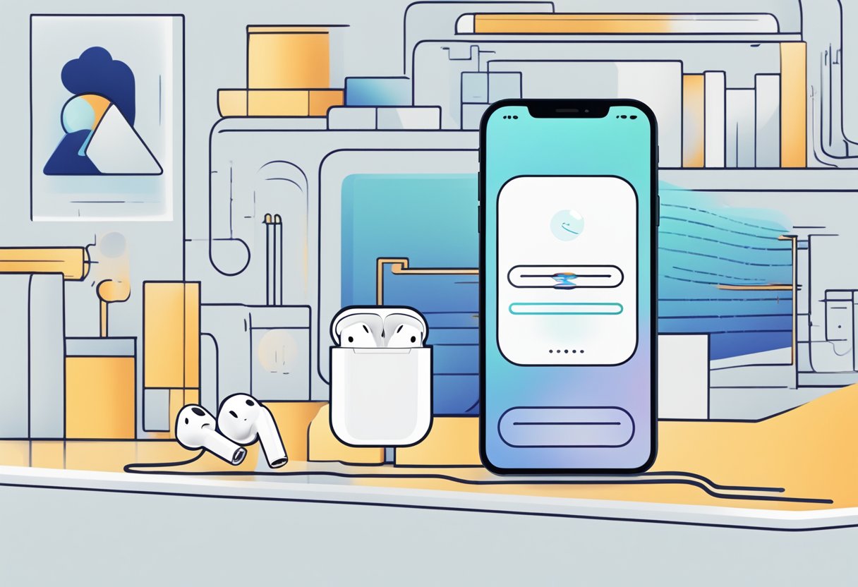 Airpods placed next to a smartphone, user adjusting volume, sound waves depicted as quiet, troubleshooting guide displayed on screen
