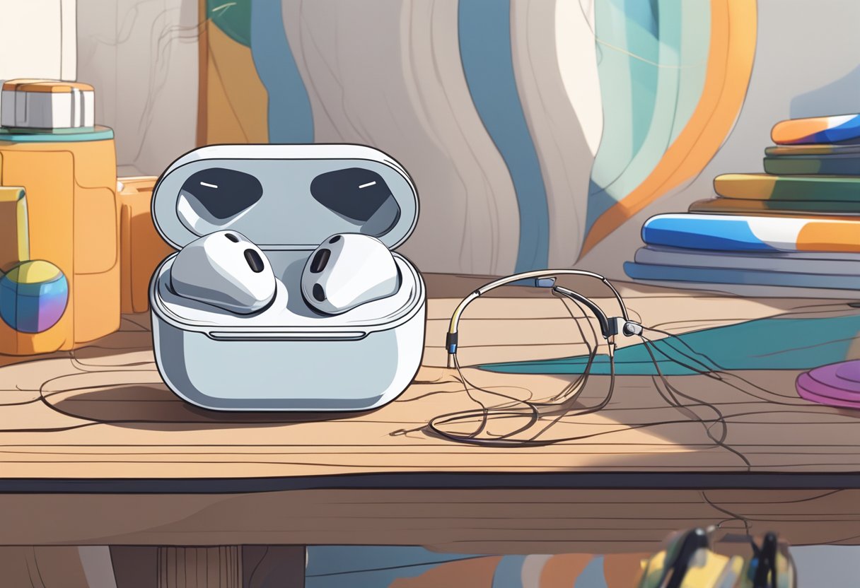 Airpods placed on a table, surrounded by various objects. Sound waves depicted as distorted and muffled