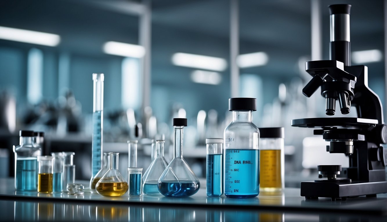 A laboratory setting with vials, test tubes, and scientific equipment. A microscope and DNA model are present. The focus is on the anabolic effects of igf-1lr3