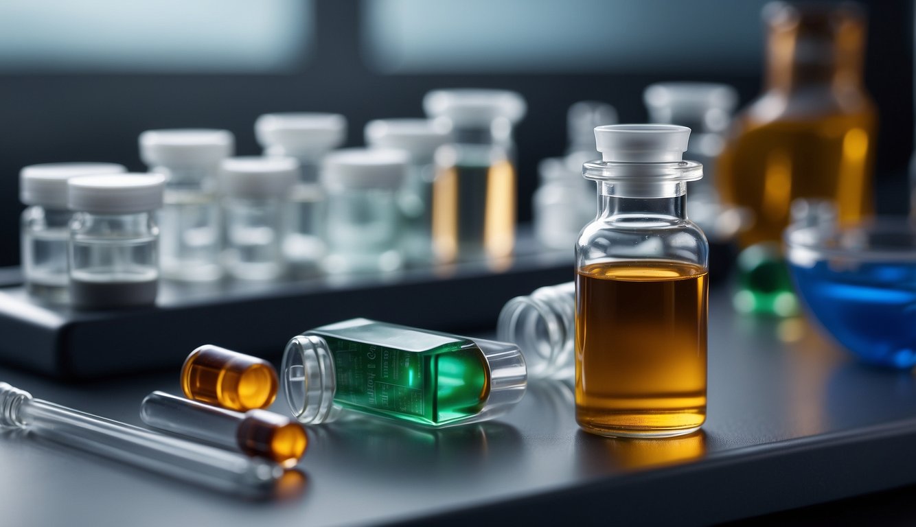 A vial of igf-1lr3 sits on a lab bench, surrounded by scientific equipment and vials of other compounds