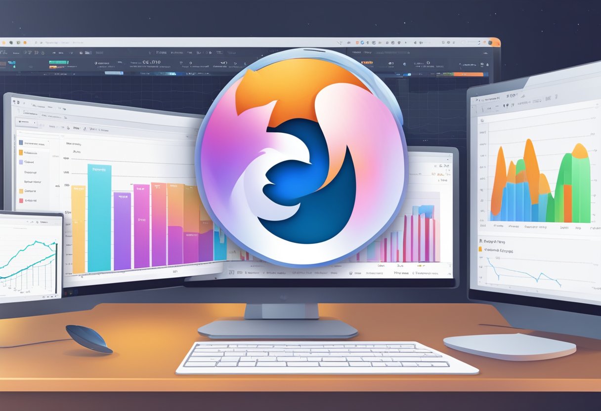 Firefox window open with multiple tabs, task manager showing high CPU usage, and a graph spiking