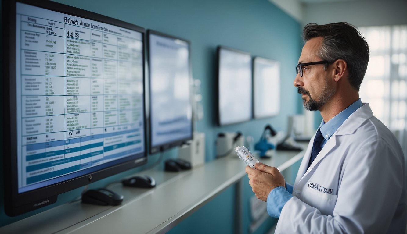 A doctor holding a syringe and vial, with a chart of dosing guidelines and administration instructions for igf-1lr3 displayed on the wall