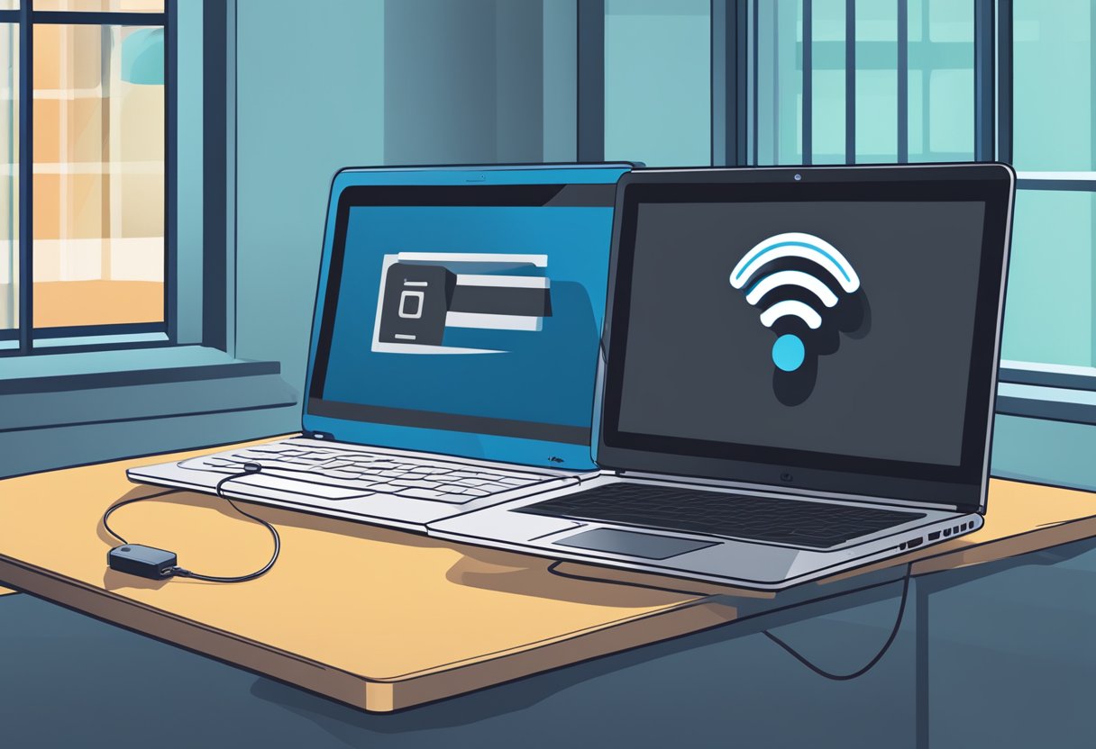 A laptop with an Ethernet cable plugged in next to a Wi-Fi symbol on a Windows 10 screen. The Ethernet cable is connected to a router, while the Wi-Fi symbol shows a strong signal