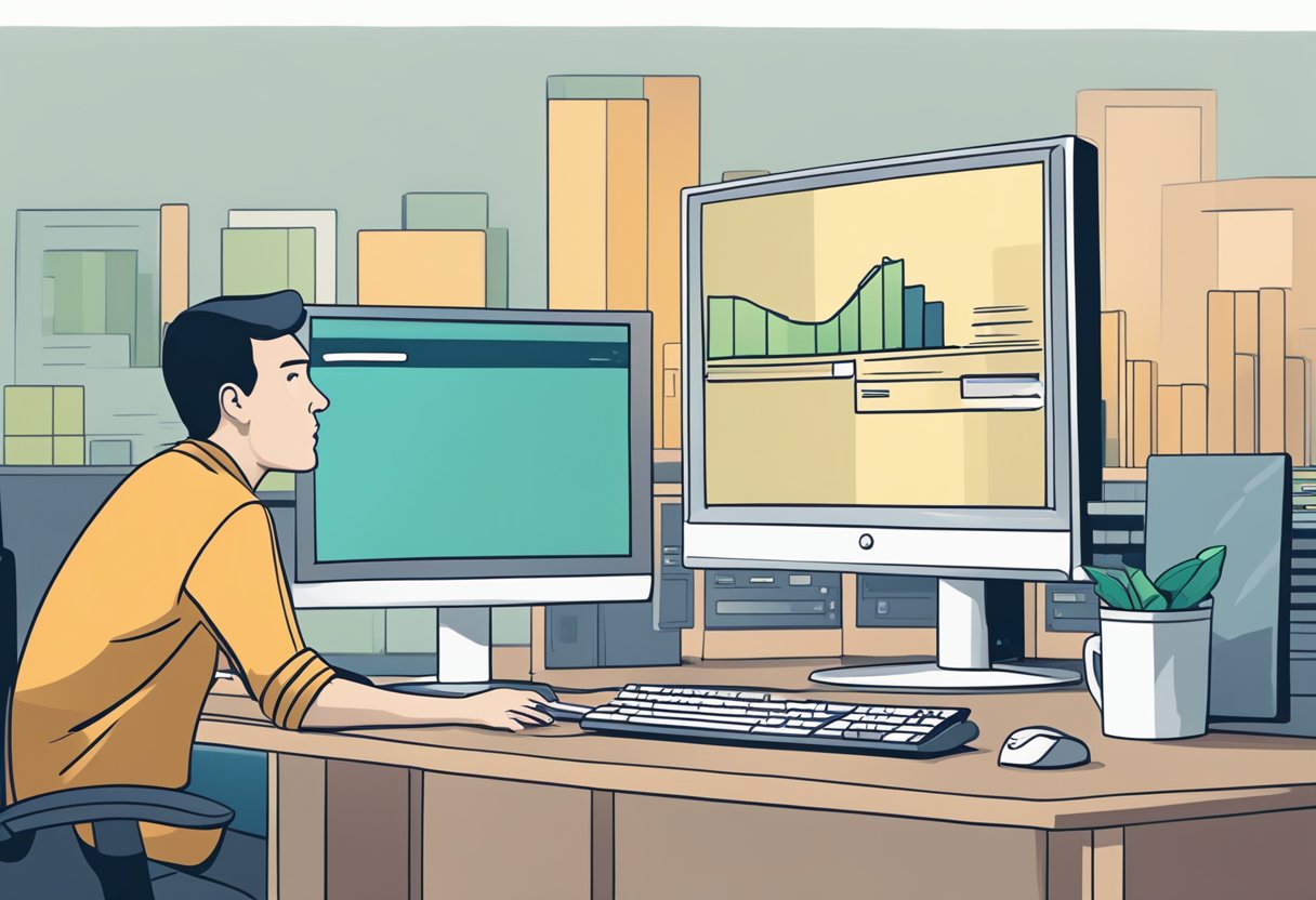A computer monitor displaying high system resource usage with a frustrated user questioning sudden slowness