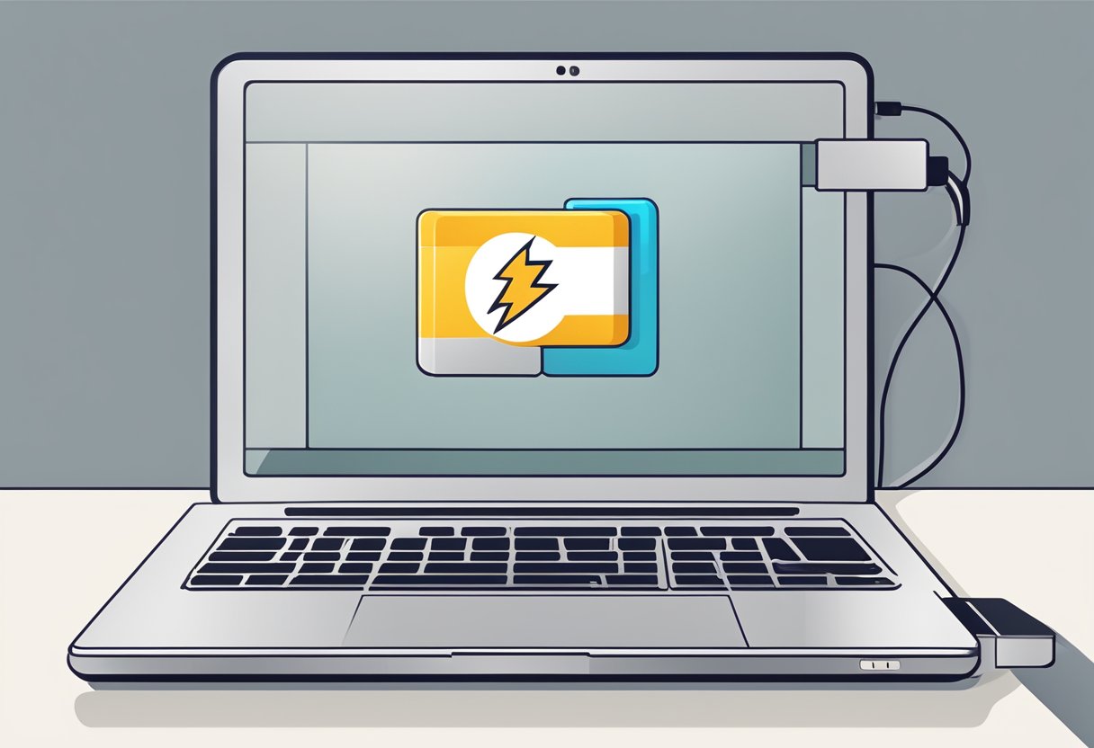 A laptop plugged into a power source with a low battery icon displayed on the screen