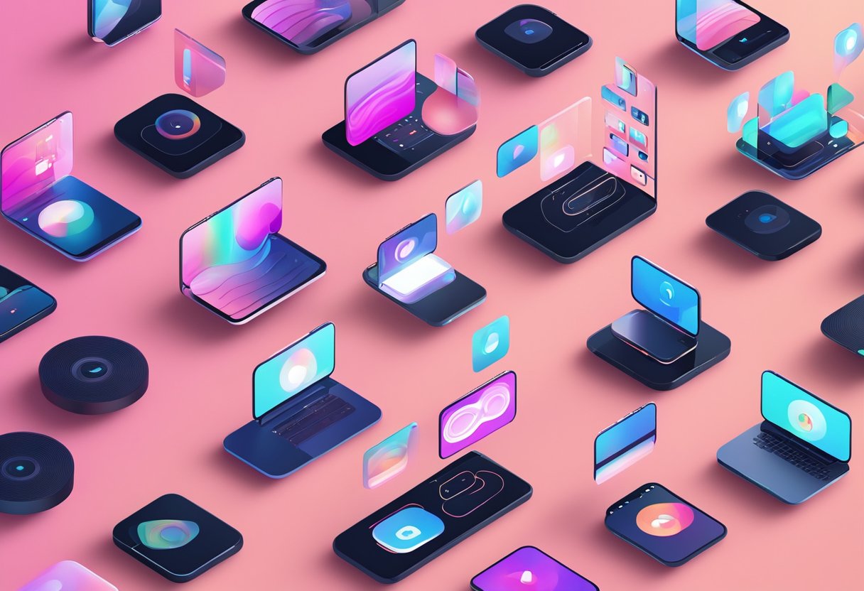 Multiple devices with TikTok app open, showing different videos playing simultaneously. Sound waves depicted to show synchronization issue