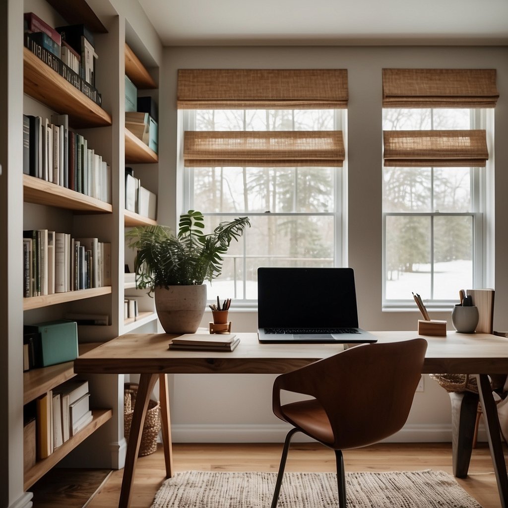 A cozy home office with a laptop, phone, and desk organizer. A shelf displays books on entrepreneurship and aging. A bright window brings in natural light
