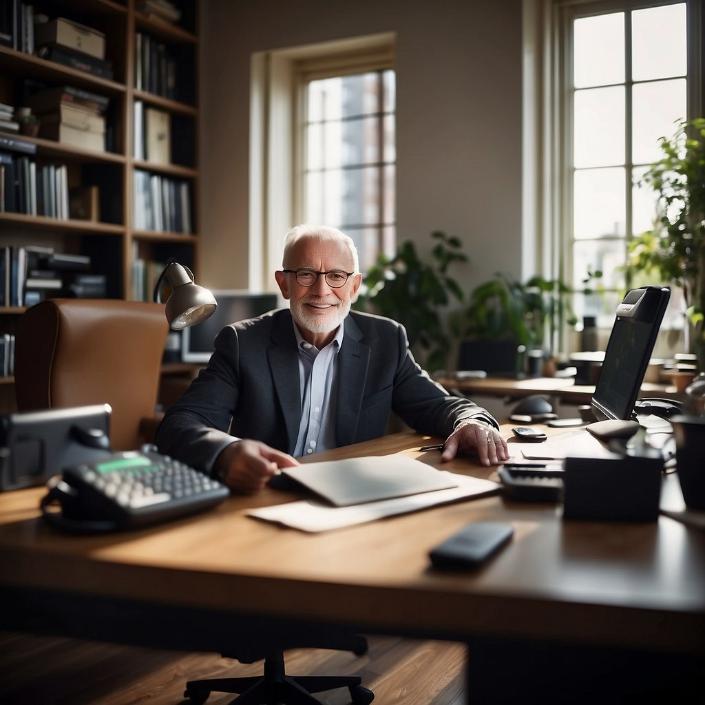 A senior entrepreneur sits at a home office desk, surrounded by innovative business tools and technology. The room is filled with natural light and a sense of purpose