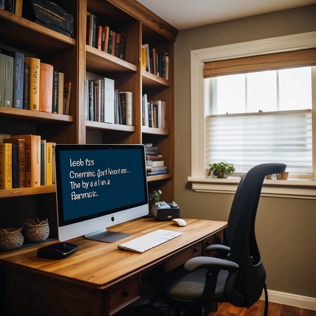 A cozy home office with a computer, desk, and chair. The room is filled with natural light and surrounded by shelves of books and inspirational quotes