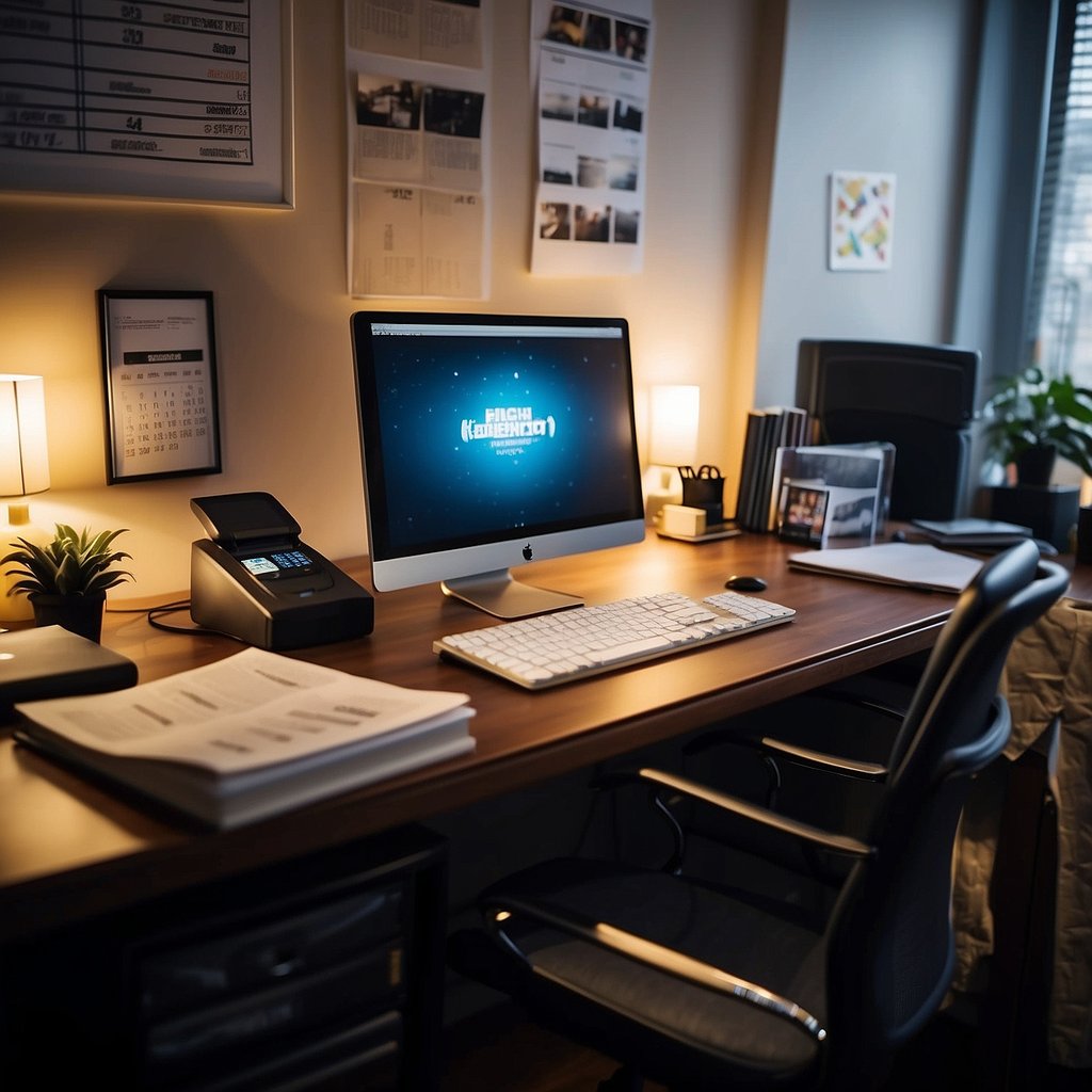 A cozy home office with a computer, printer, and phone. A calendar on the wall shows upcoming events. A stack of business books sits on the desk