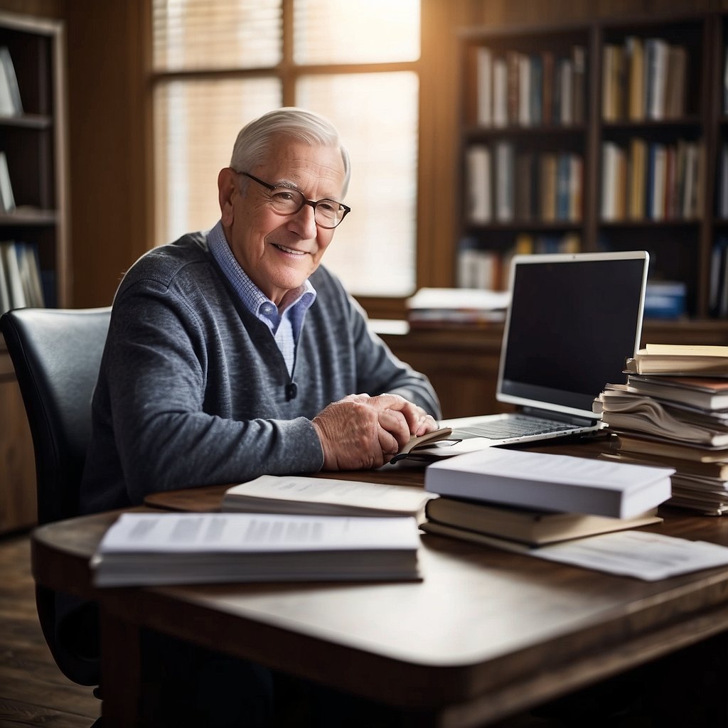 A senior sits at a desk, surrounded by financial documents and a laptop. A stack of books on business ideas for seniors sits nearby