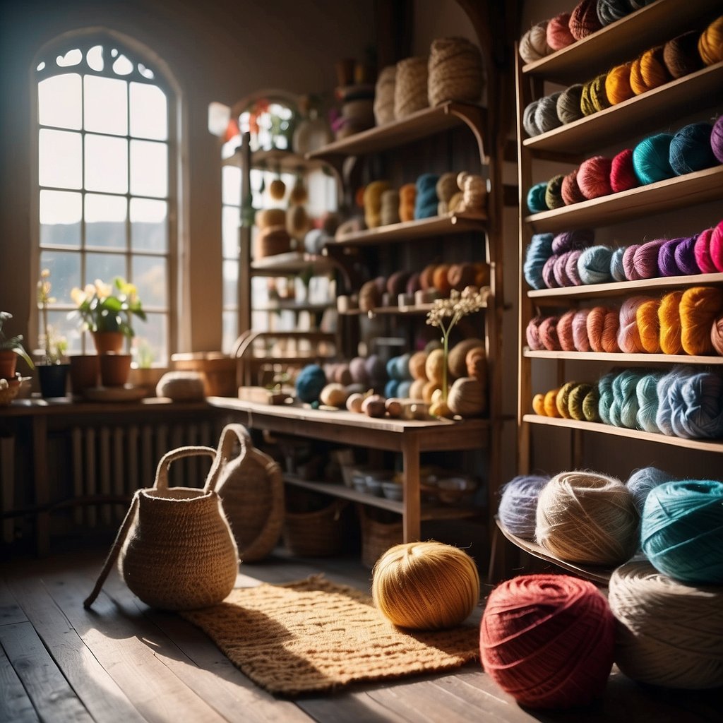 A cozy, sunlit workshop filled with colorful yarn, knitting needles, and intricate crochet patterns. Shelves lined with handcrafted items and a peaceful ambiance for creative seniors