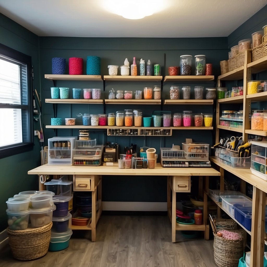 A cozy, well-lit workshop with shelves of colorful craft supplies, a worktable with tools, and finished projects displayed on the walls