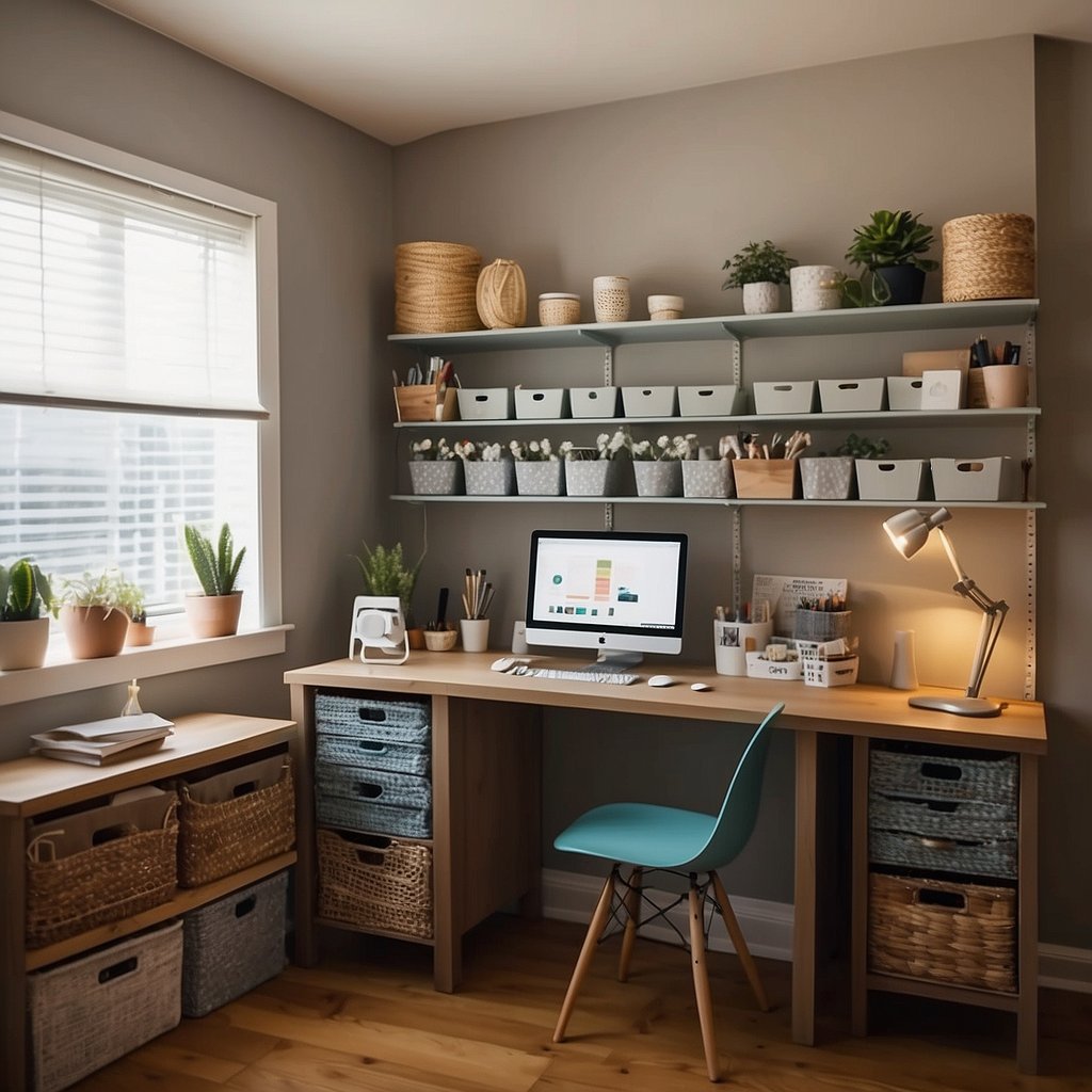 A cozy, well-lit room with a sturdy table and comfortable chair. Shelves lined with colorful crafting supplies and tools. A peaceful, organized space for creating