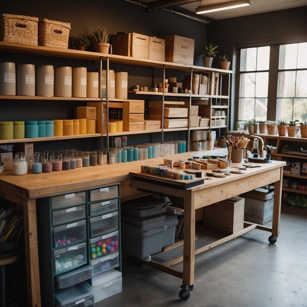 A cozy workshop space with shelves of colorful craft supplies, a large worktable with various projects in progress, and natural light streaming in through the windows